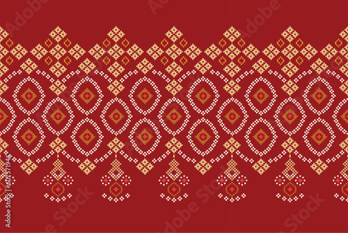 Ethnic geometric fabric pattern Cross Stitch.Ikat embroidery Ethnic oriental Pixel pattern red background. Abstract,vector,illustration. Texture,clothing,scarf,decoration,motifs,silk wallpaper.