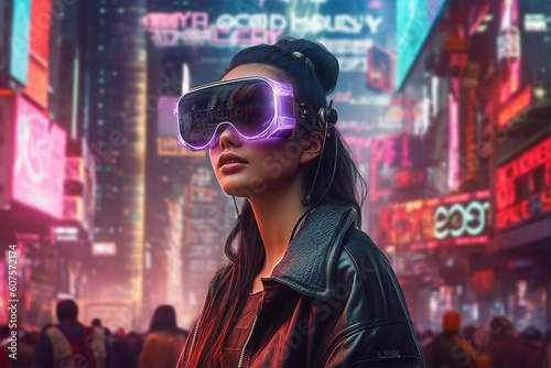 A woman wearing a vr headset in front of a cityscape, ai generated © elchinarts