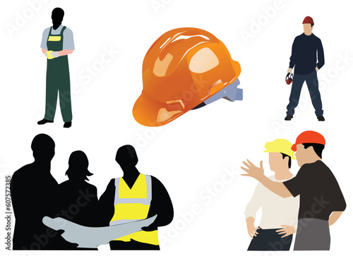 Workers silhouettes, engineers watching the plan and orange hardhat