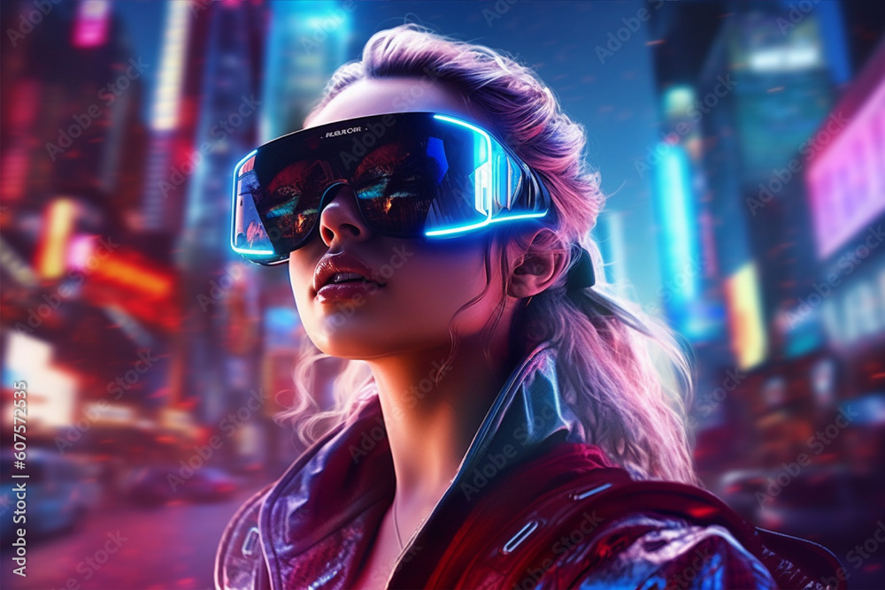 A woman wearing a vr headset in front of a cityscape, ai generated A woman wearing a vr headset in front of a cityscape, ai generated