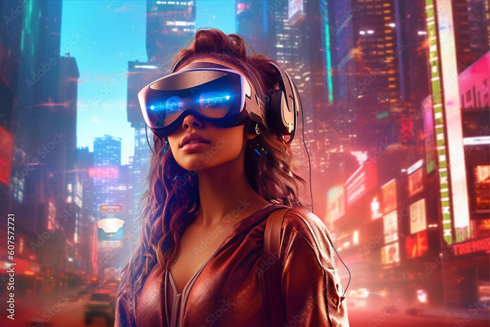 A woman wearing a vr headset in front of a cityscape, ai generated A woman wearing a vr headset in front of a cityscape, ai generated
