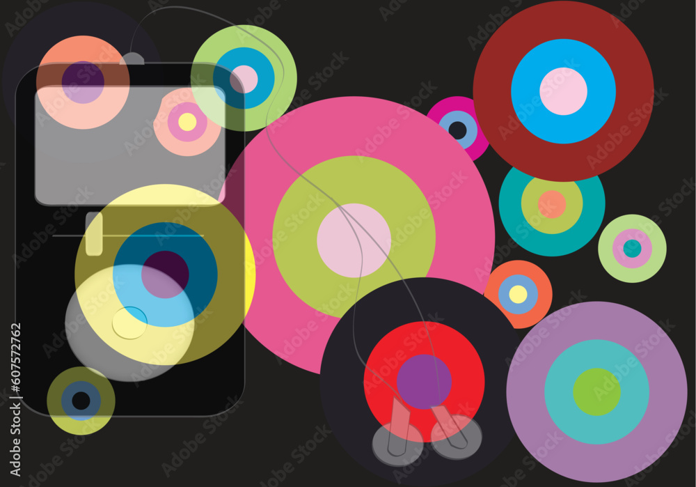vector image of an mp3 music player over a colorful circle background. vector image of an mp3 music player over a colorful circle background.