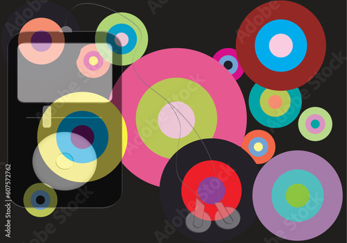 vector image of an mp3 music player over a colorful circle background.