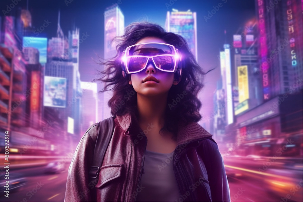 A woman wearing a vr headset in front of a cityscape, ai generated A woman wearing a vr headset in front of a cityscape, ai generated