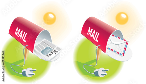 Icon with e-mail boxes with newspaper and envelope and power cord
