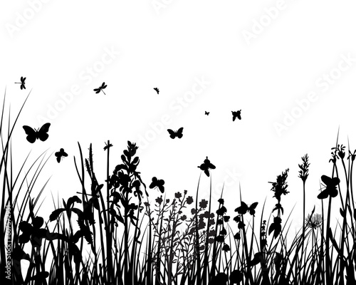 Vector grass silhouettes backgrounds with butterflies © Designpics