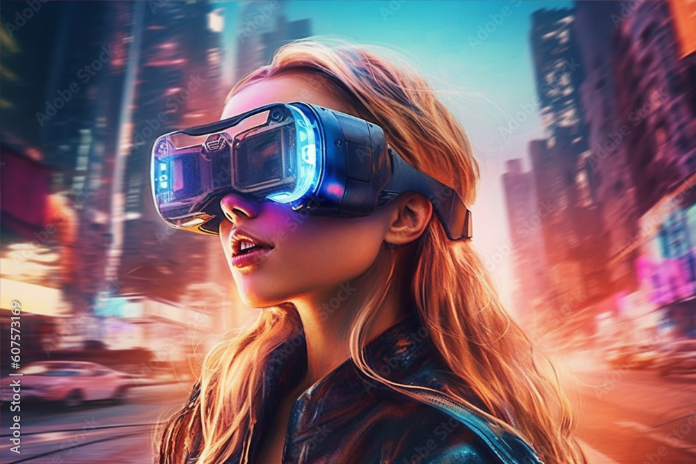 A woman wearing a vr headset in front of a cityscape, ai generated A woman wearing a vr headset in front of a cityscape, ai generated