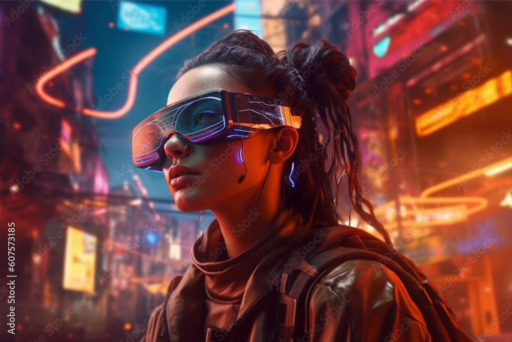 A woman wearing a vr headset in front of a cityscape, ai generated A woman wearing a vr headset in front of a cityscape, ai generated