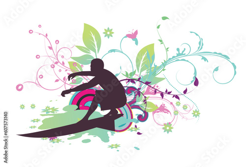 abstract illustration with floral, grunge and surfer