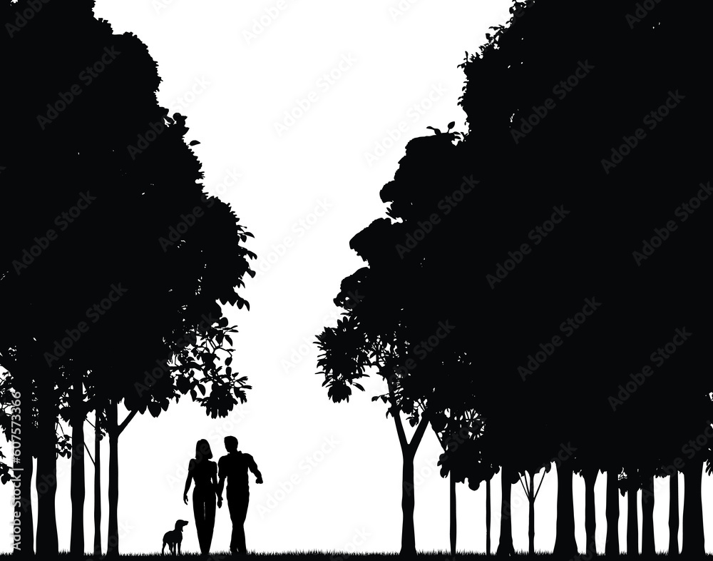 Editable vector silhouette of a couple walking through a wood Stock ...