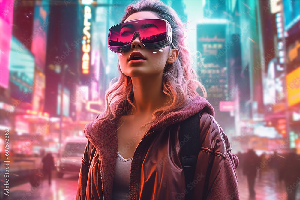 A woman wearing a vr headset in front of a cityscape, ai generated A woman wearing a vr headset in front of a cityscape, ai generated