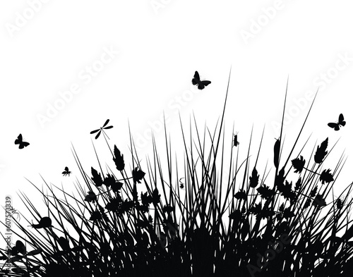 Editable vector silhouette of grassy vegetation with wildlife photo