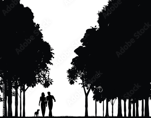 Editable vector silhouette of a couple walking through a wood
