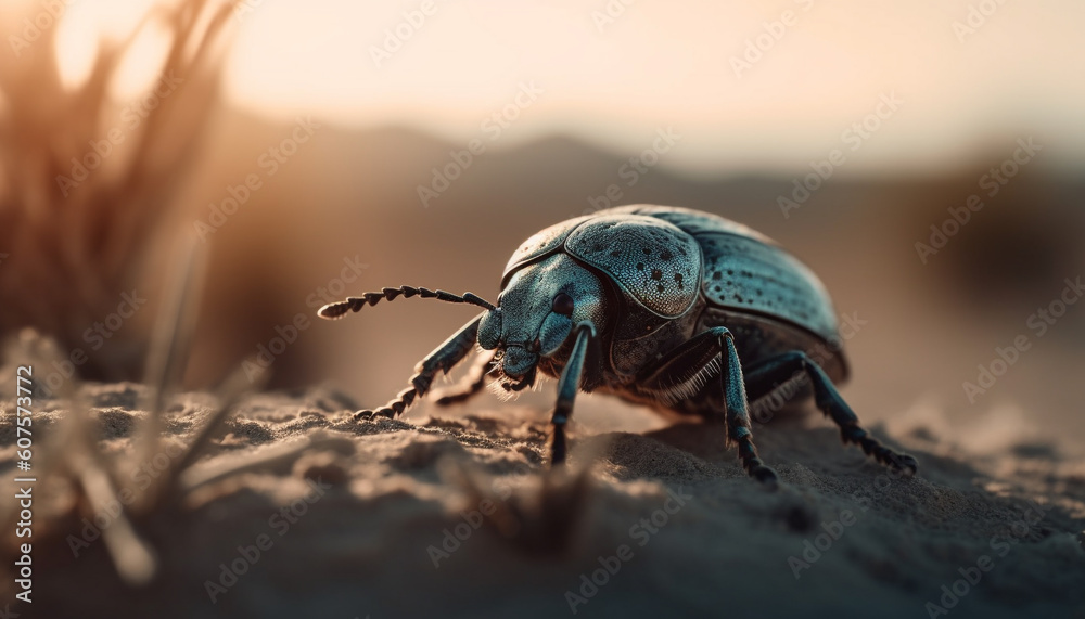 Horned weevil crawling on green leaf outdoors generated by AI Horned weevil crawling on green leaf outdoors generated by AI