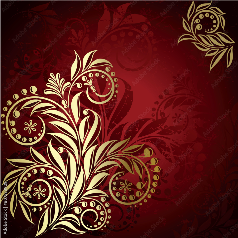 Red background with elegance gold plant with swirls Red background with elegance gold plant with swirls