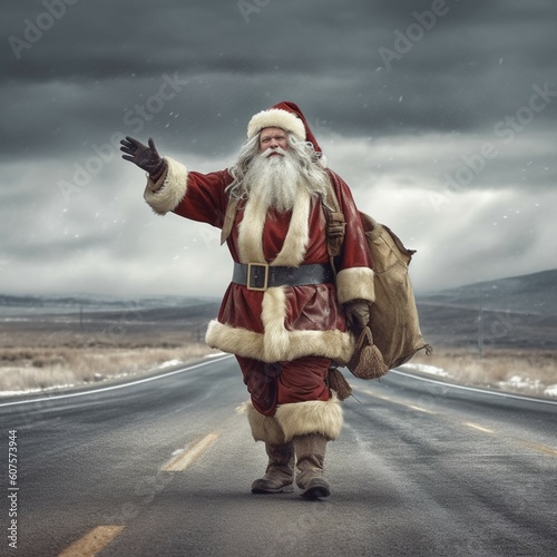 Santa Claus hitchhiking (ai generated)