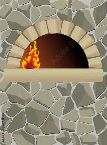 vector firewood oven  on stone wall