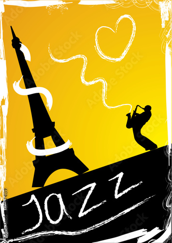Abstract design with saxophonist and eiffel Tower