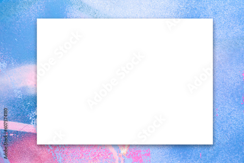 Mock up. Blank white board, billboard, advertising, public information board on colorful graffiti wall with pink, purple, white colors streaks of paints and paint sprays