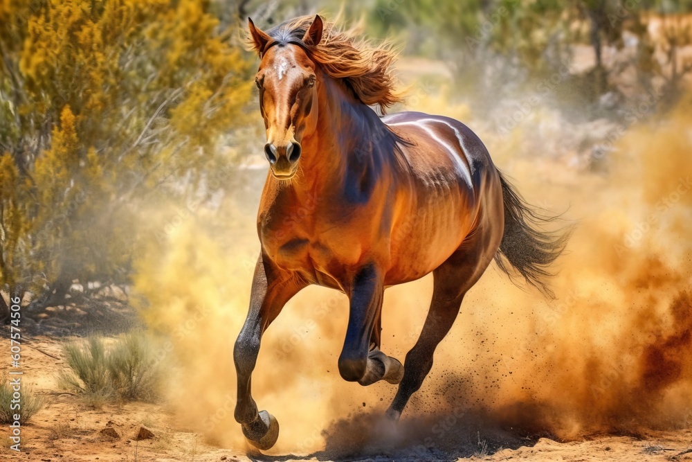 A powerful brown horse is running. A powerful brown horse is running.