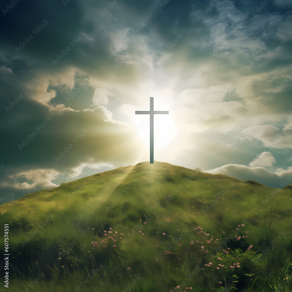 Cross on a green hill with clouds and sun rays Cross on a green hill with clouds and sun rays