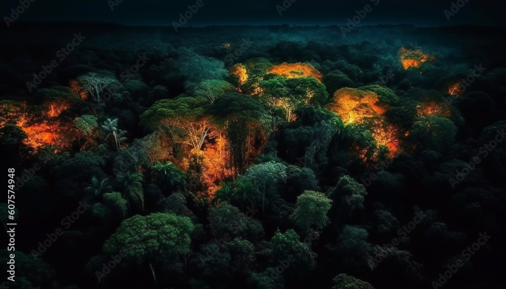 Glowing fire ignites the dark forest mystery generated by AI