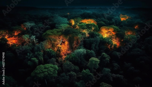 Glowing fire ignites the dark forest mystery generated by AI