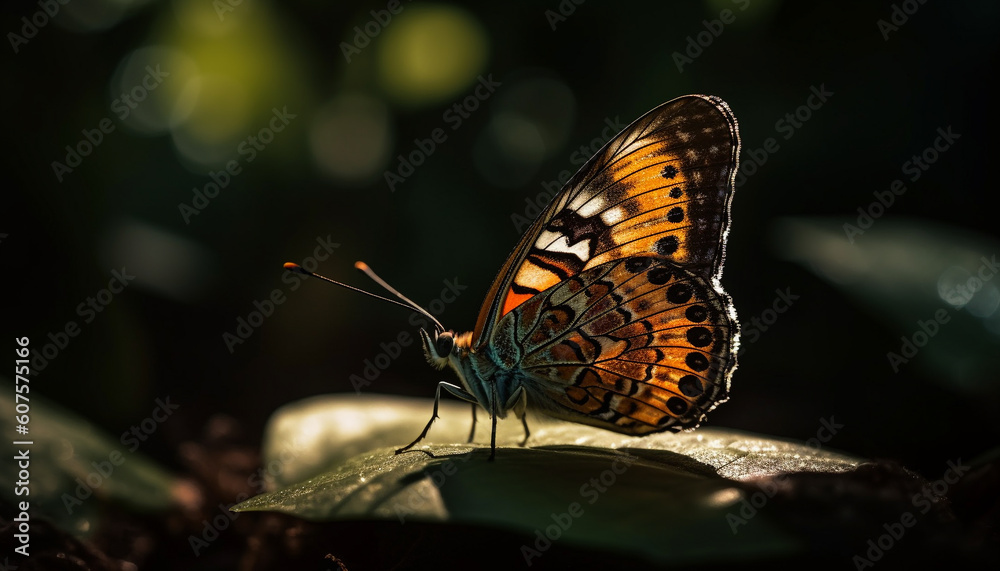 Obraz premium Vibrant butterfly wing on yellow flower petal generated by AI