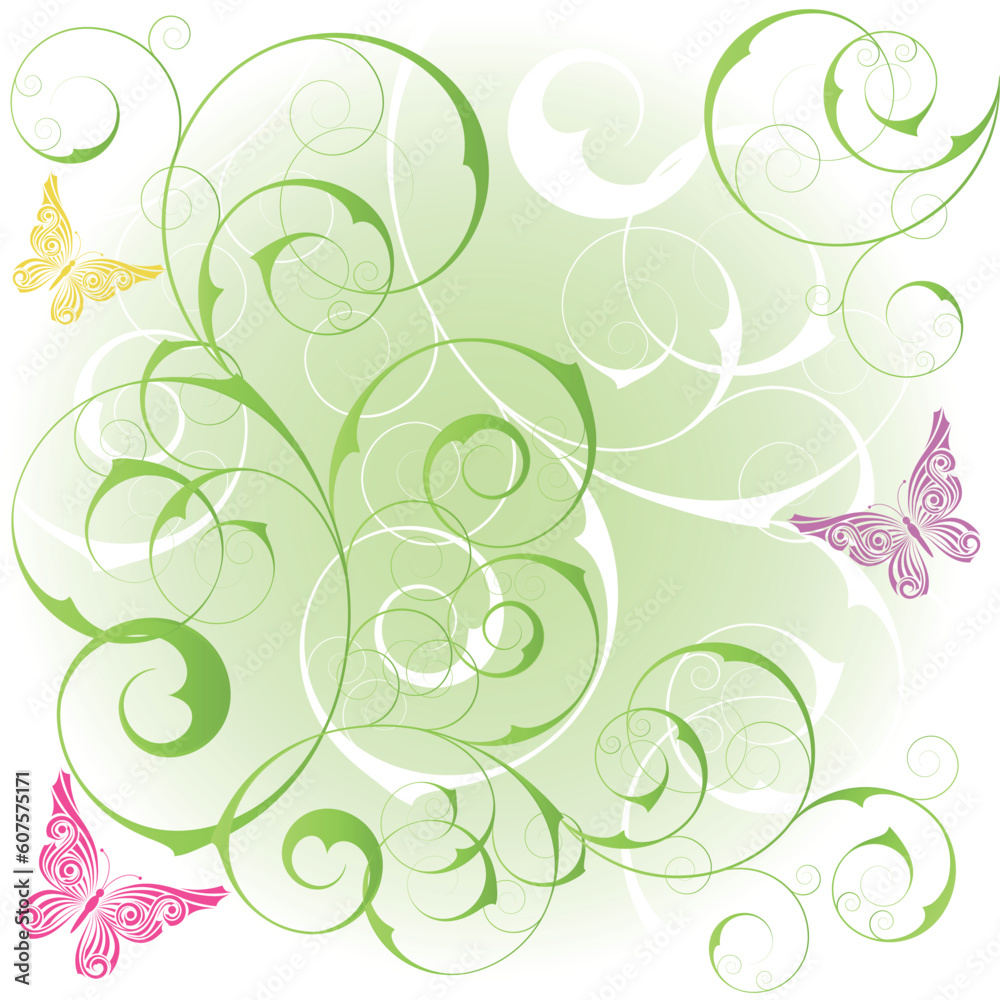 Green background with elegance plant with swirls Green background with elegance plant with swirls