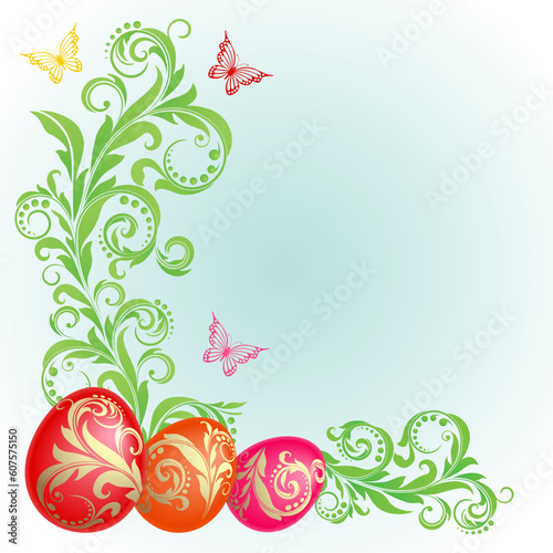 Fototapeta Naklejka Na Ścianę i Meble -  Easter background with eggs decorated with golden ornaments and green plants