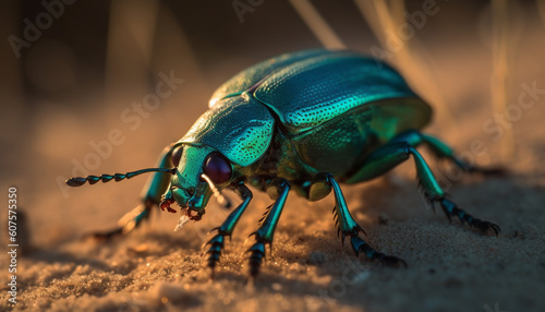 Small scarab beetle crawling on green leaf generated by AI