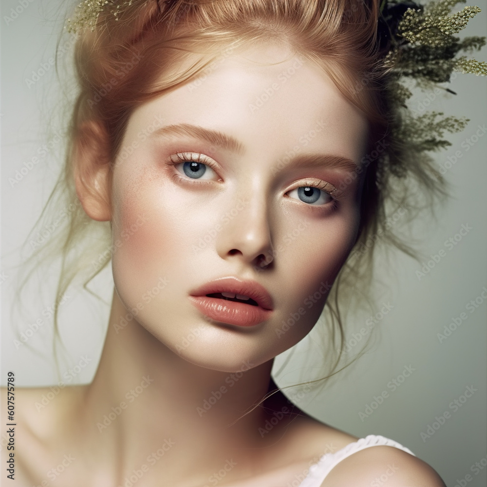 Young beautiful blonde woman in white lace dress and floral wreath. AI generated image. Young beautiful blonde woman in white lace dress and floral wreath. AI generated image.