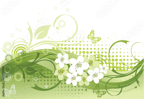 Vector illustration of green floral frame with butterflies