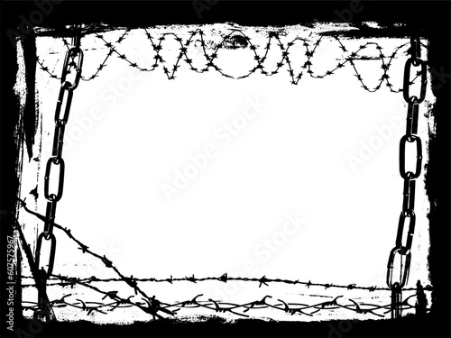 Vector Border Graphic with grunge elements and black chains and Barbed Wire