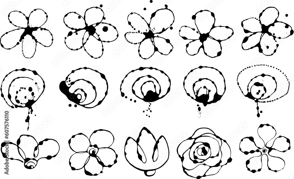 Vector set of black-and-white ink flowers Vector set of black-and-white ink flowers