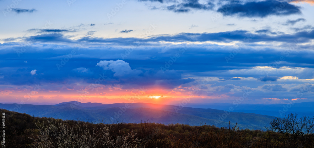 Panorama Sunset over Blue Ridge Mountains with heavy clouds
