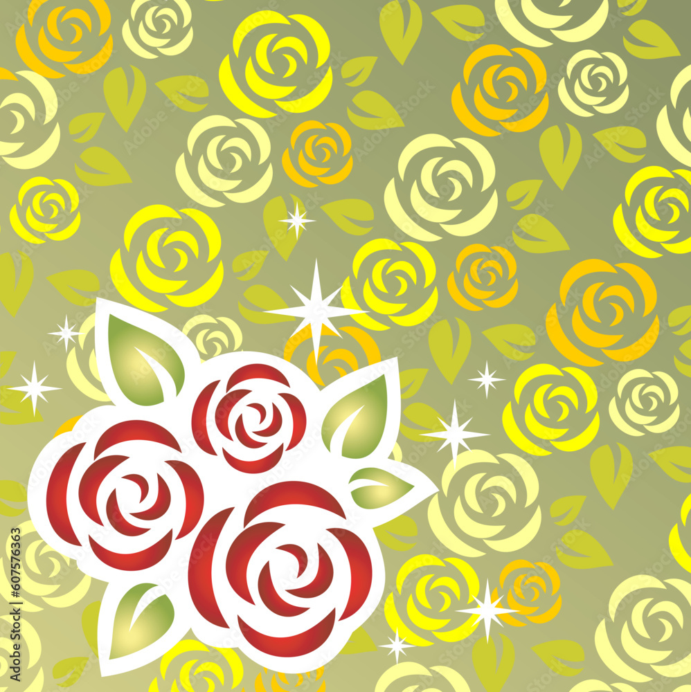 Cartoon red roses bouquet on a green floral background.