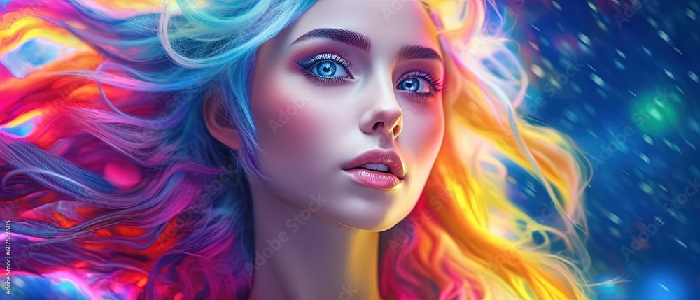 woman in rainbow colored hair, luminous palette, oil paintings, glowwave artwork