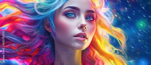 woman in rainbow colored hair  luminous palette  oil paintings  glowwave artwork