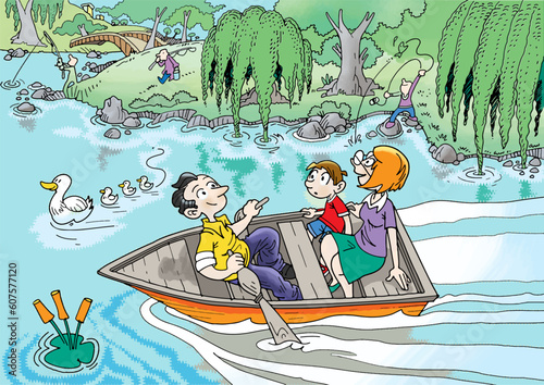 family outing on the lake with boat, family outing, boat, ducks, trees, blue lake, boat, rowing man