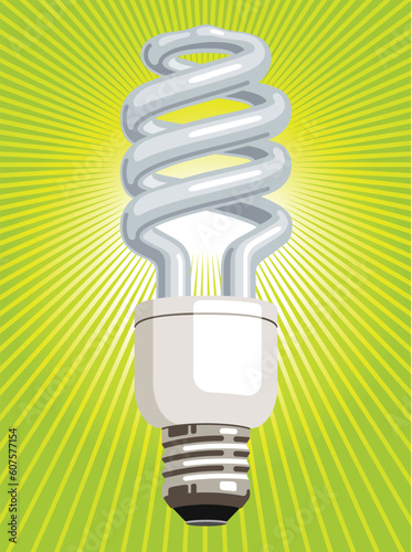 Vector illustration of a CFL (compact fluorescent lamp), with green radiating light beams.