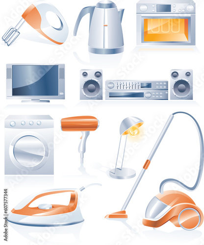Set of household appliances in orange and blue colors