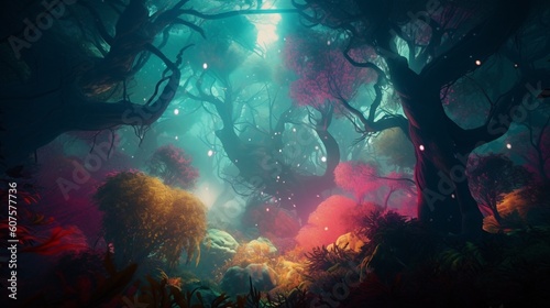 Mystical Forest: Enchanting Grove of Rainbow Trees and Bushes