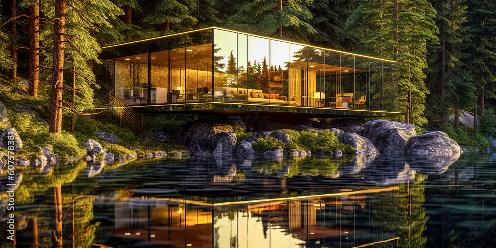 Modern luxury villa exterior in minimal style. Glass house in nature Glamping near lake and forest. Modern cabin house in deep forest. digital ai