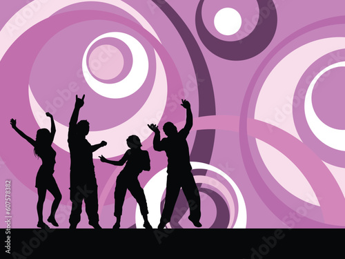 Silhouettes of people dancing on a retro styled abstract background