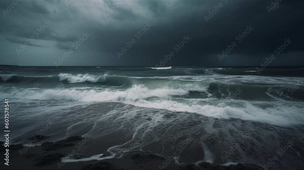 Stormy Beach: Moody Seascape with Crashing Waves and Dramatic Lightning