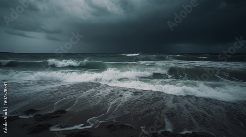 Stormy Beach: Moody Seascape with Crashing Waves and Dramatic Lightning