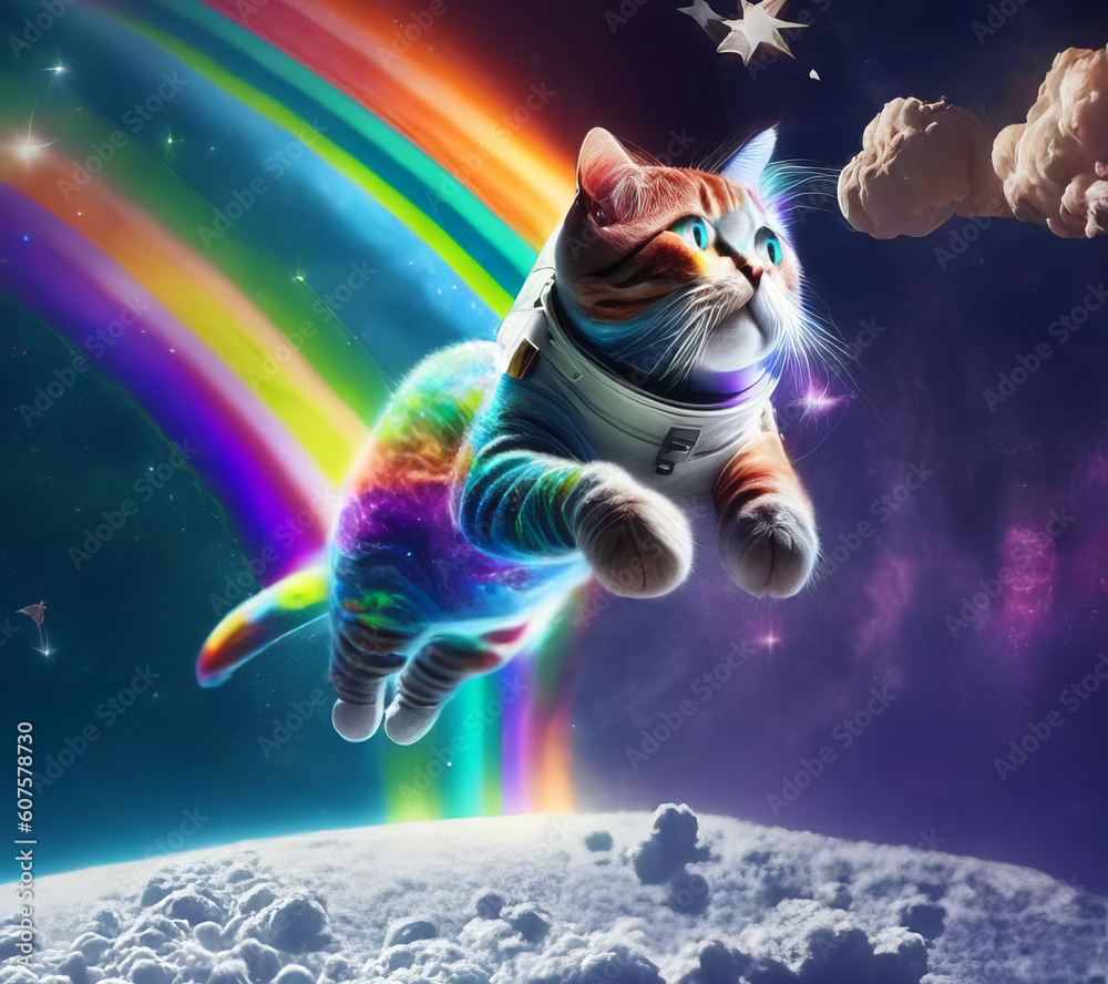 An image of an astronaut cat in a colorful galaxy of bubbles on another planet. An image of an astronaut cat in a colorful galaxy of bubbles on another planet.