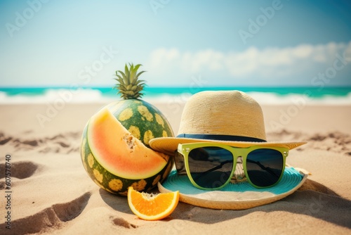 Summer vacation concept on a sandy tropical beach with a straw hat, sunglasses, and melon fruit. Generative AI
