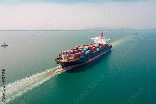 Panoramic aerial front view of a cargo ship carrying containers for import and export, business logistic and transportation in open sea with copy space 